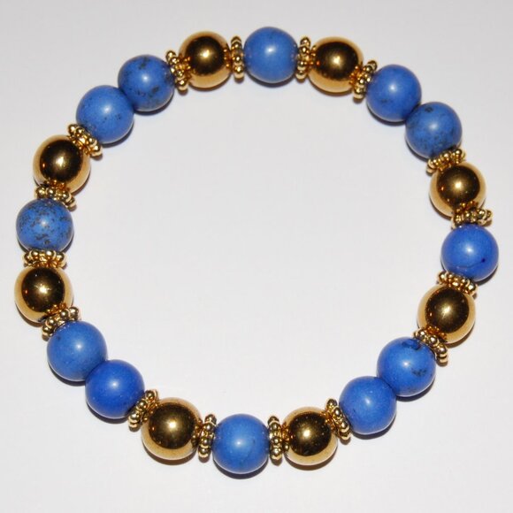 Blue and Gold Bracelet,Stone and Golden 8mm Beads,Handmade Bracelet - Picture 2 of 2